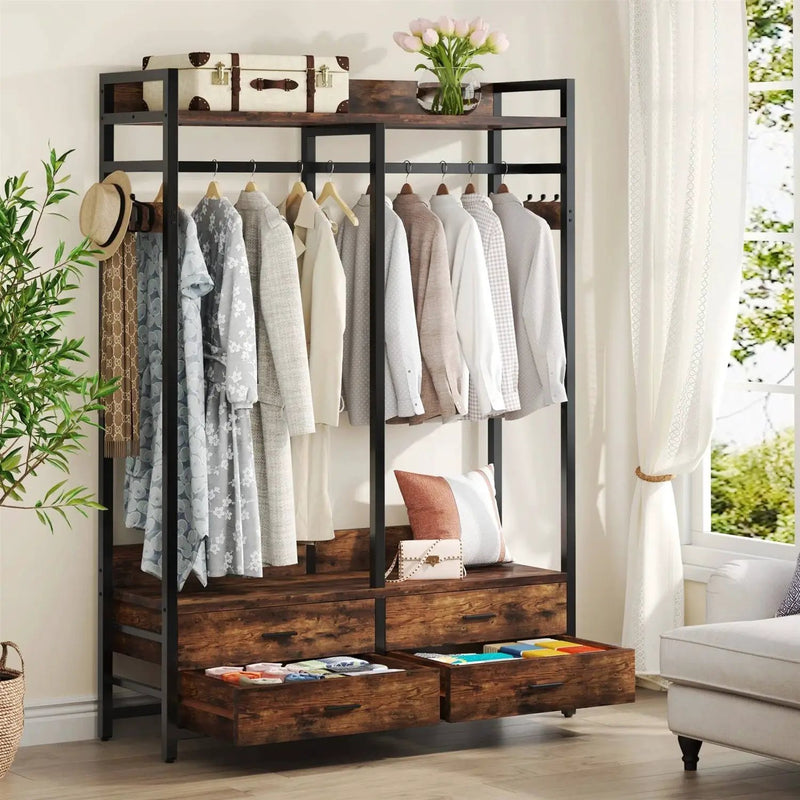 Heavy Duty Brown Black Garment Rack Clothes Hanging Rod with 4 Storage Drawers by HomePacific
