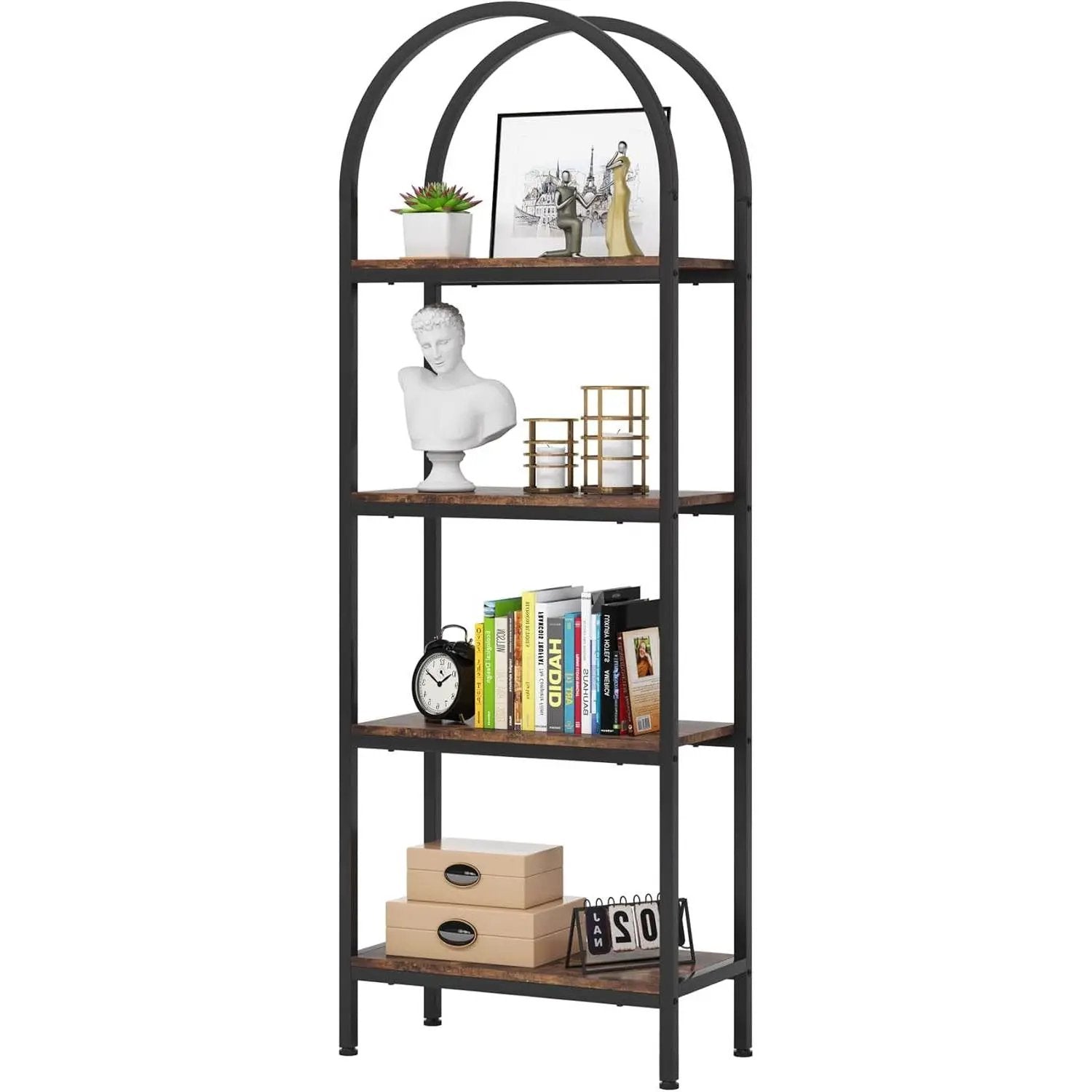 Modern Industrial Metal Wood Display Rack Bookcase with 4 Storage Shelves by HomePacific
