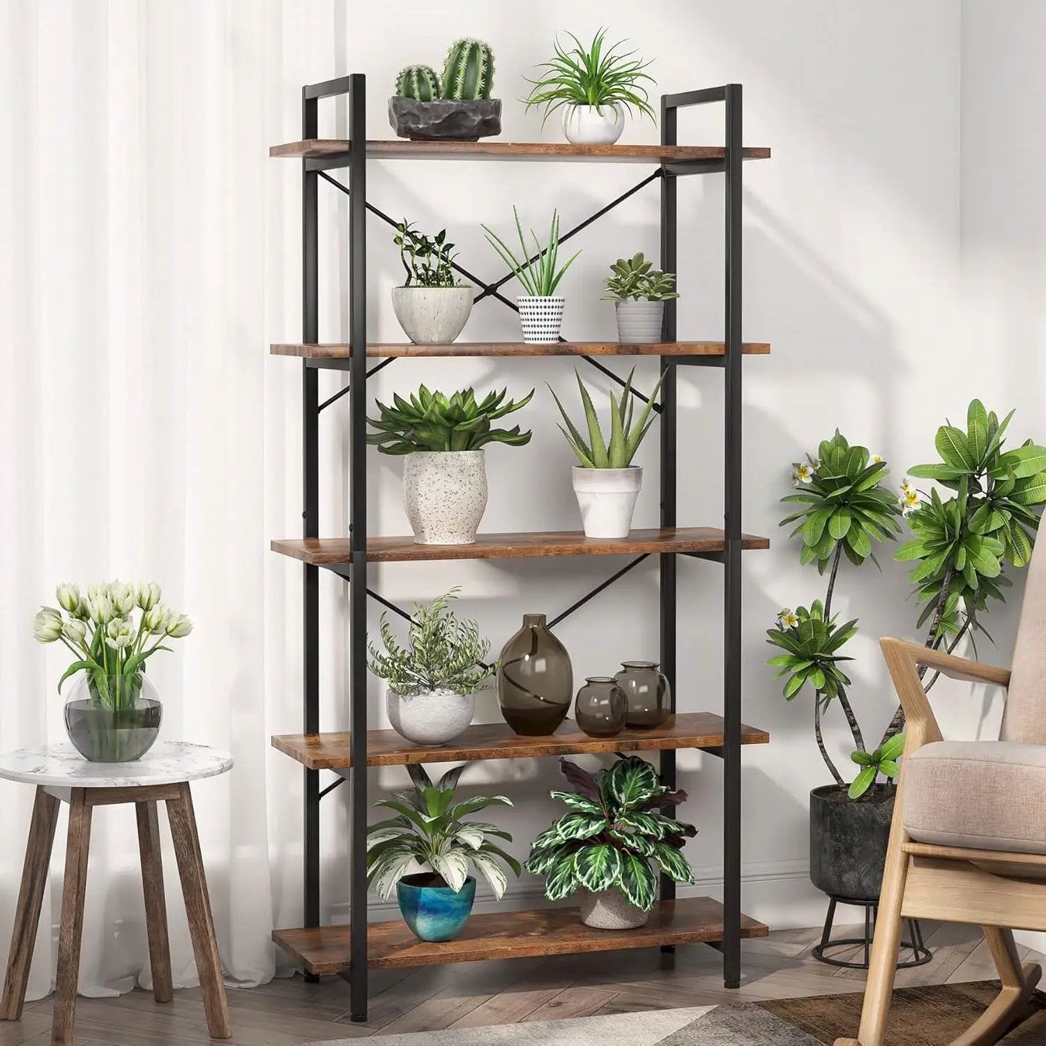 Modern Industrial 5-Shelf Bookcase with Sturdy Metal Frame and Wooden Shelves by HomePacific