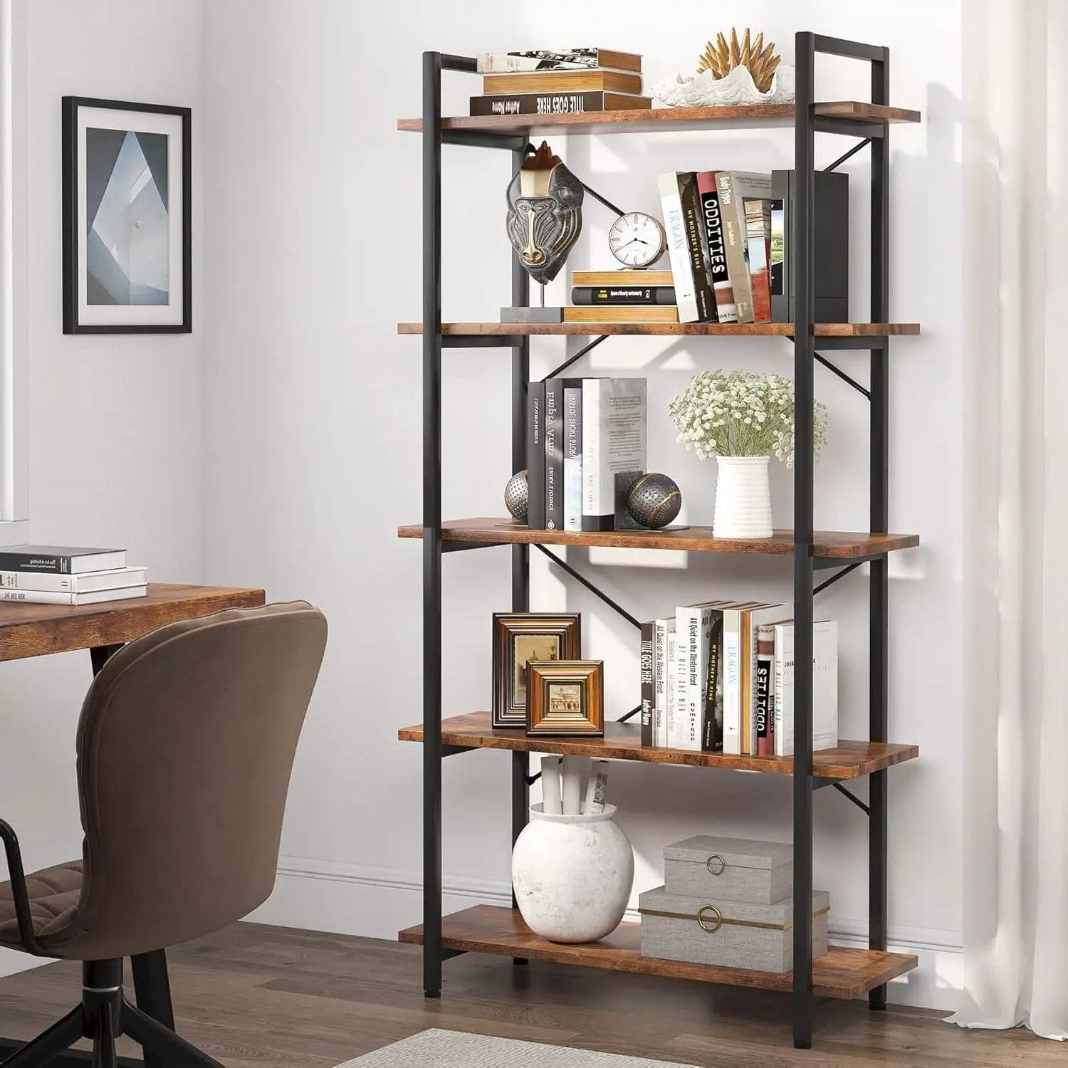 Modern Industrial 5-Shelf Bookcase with Sturdy Metal Frame and Wooden Shelves by HomePacific