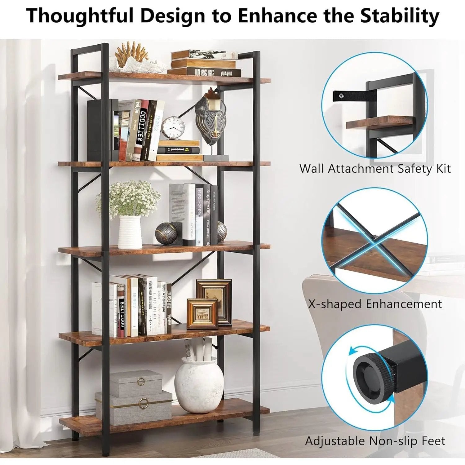 Modern Industrial 5-Shelf Bookcase with Sturdy Metal Frame and Wooden Shelves by HomePacific