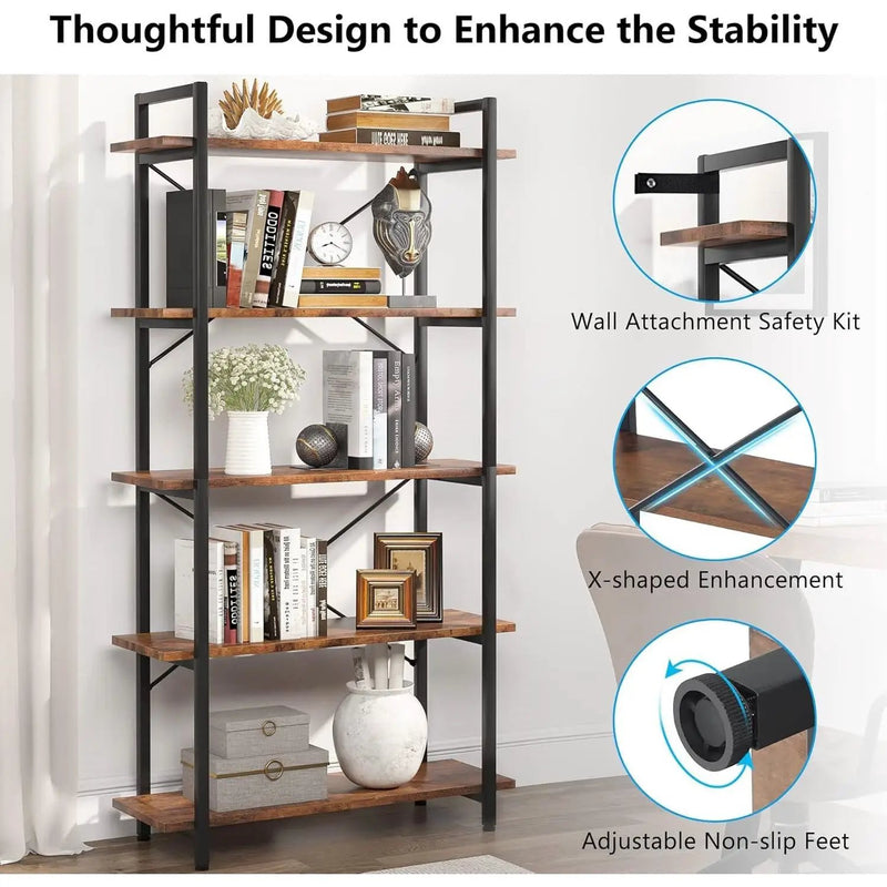 Modern Industrial 5-Shelf Bookcase with Sturdy Metal Frame and Wooden Shelves by HomePacific
