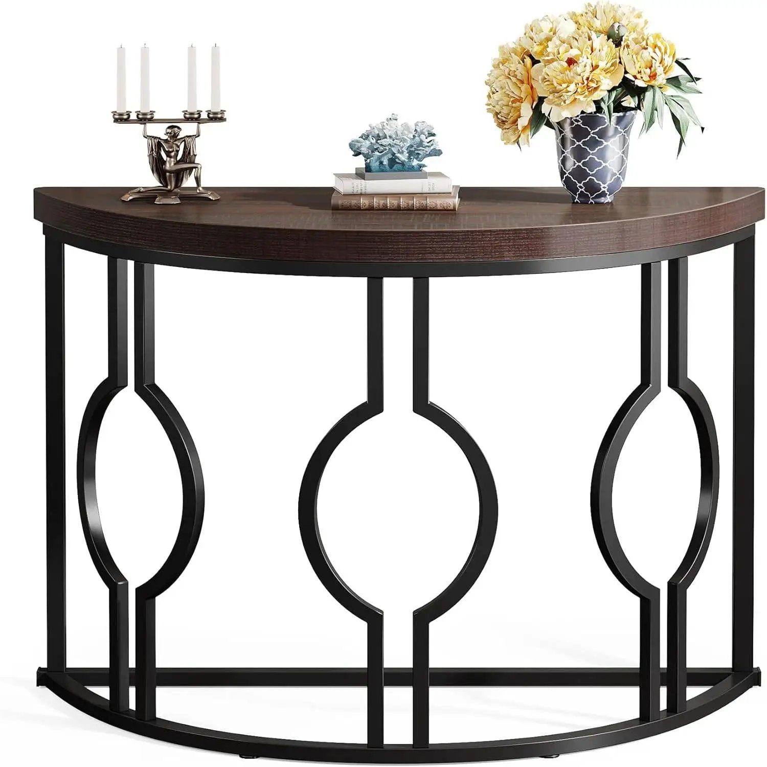 Modern 43-inch Half Moon Accent Console Table with Brown Wood Top Black Frame by HomePacific