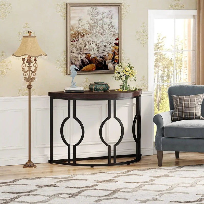 Modern 43-inch Half Moon Accent Console Table with Brown Wood Top Black Frame by HomePacific