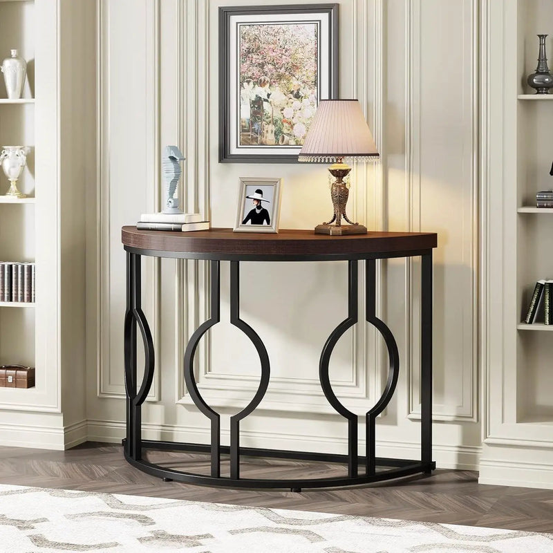 Modern 43-inch Half Moon Accent Console Table with Brown Wood Top Black Frame by HomePacific