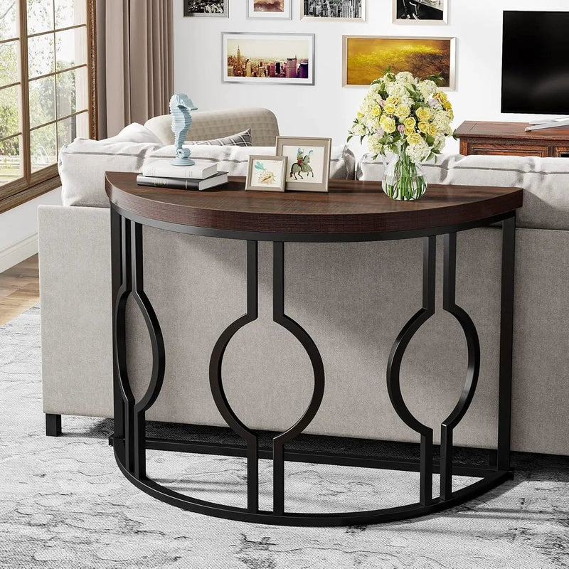 Modern 43-inch Half Moon Accent Console Table with Brown Wood Top Black Frame by HomePacific