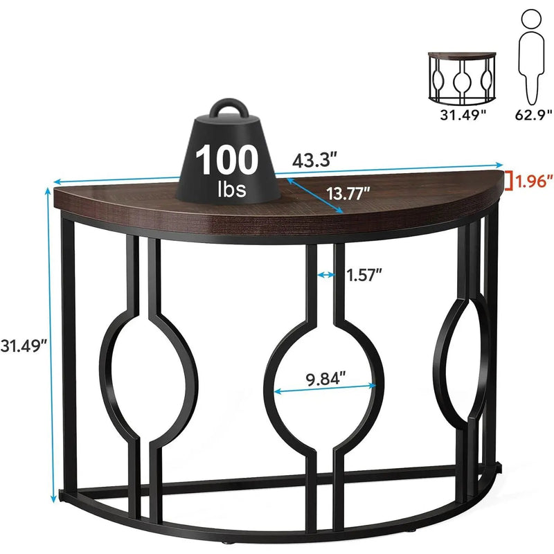 Modern 43-inch Half Moon Accent Console Table with Brown Wood Top Black Frame by HomePacific
