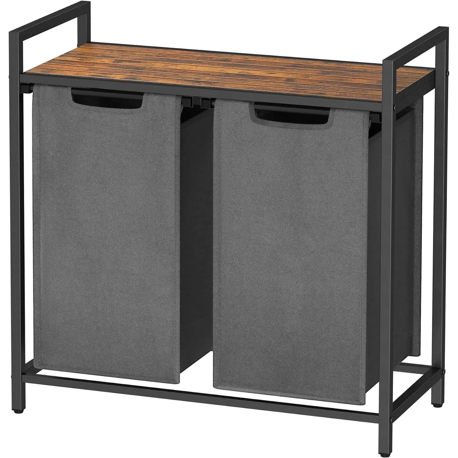 Modern Grey 2-Basket Laundry Hamper Sorter Black Frame Rustic Brown Top Shelf by HomePacific