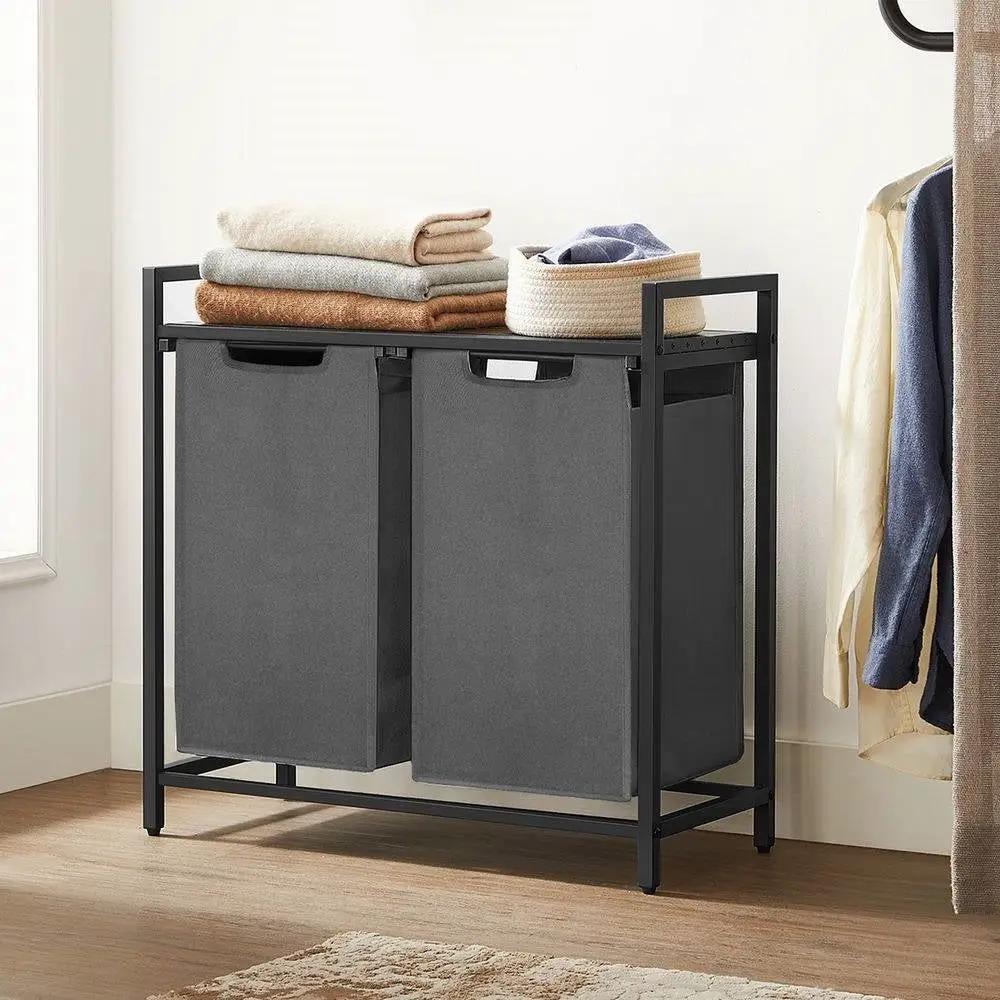 Modern Grey 2-Basket Laundry Hamper Sorter Black Frame Rustic Brown Top Shelf by HomePacific