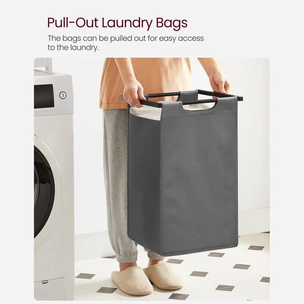Modern Grey 2-Basket Laundry Hamper Sorter Black Frame Rustic Brown Top Shelf by HomePacific