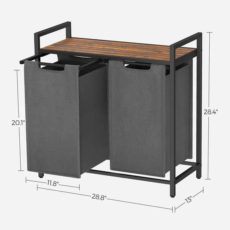 Modern Grey 2-Basket Laundry Hamper Sorter Black Frame Rustic Brown Top Shelf by HomePacific