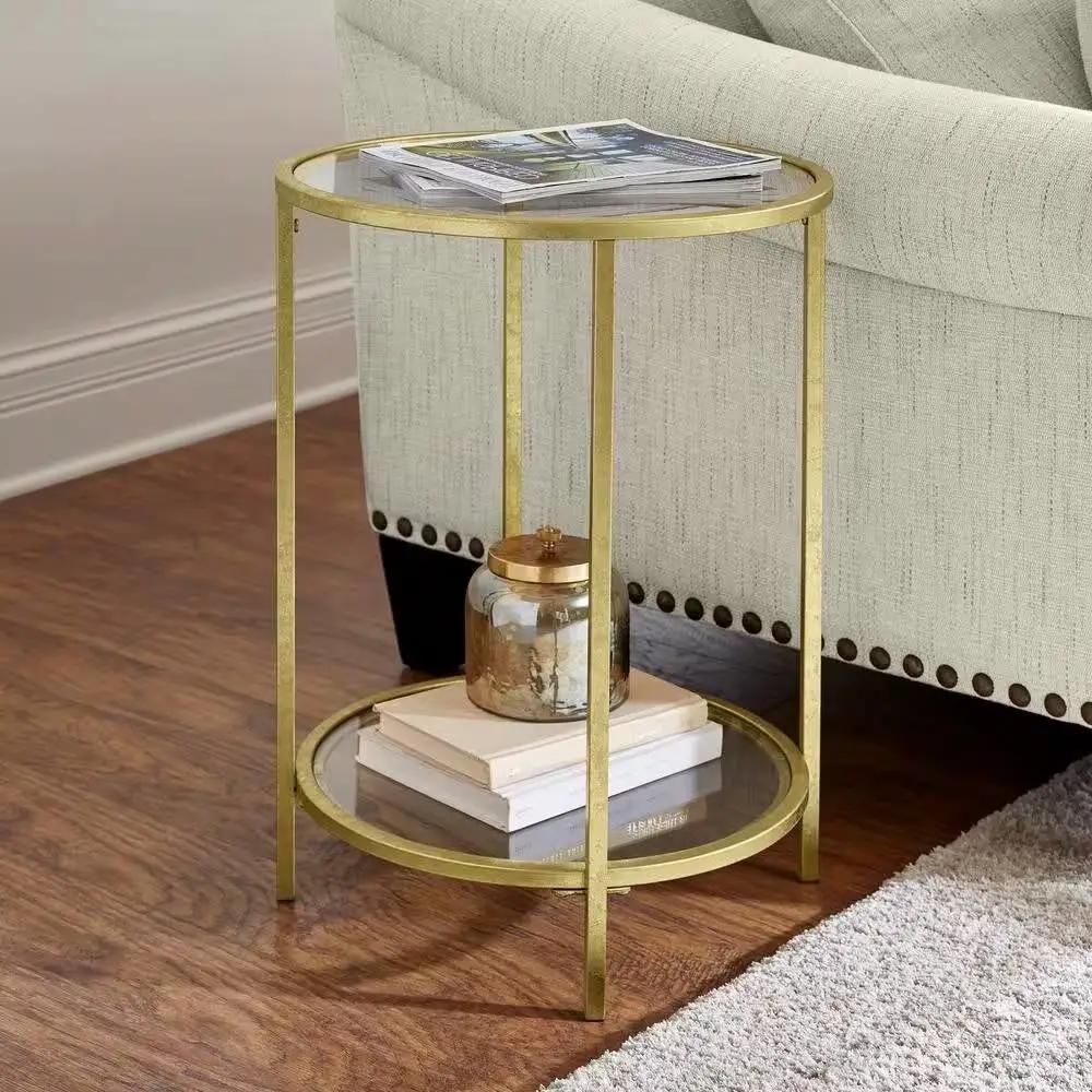 Round Accent Side Table Gold Metal Glass Top Bottom Shelf End Table by HomePacific