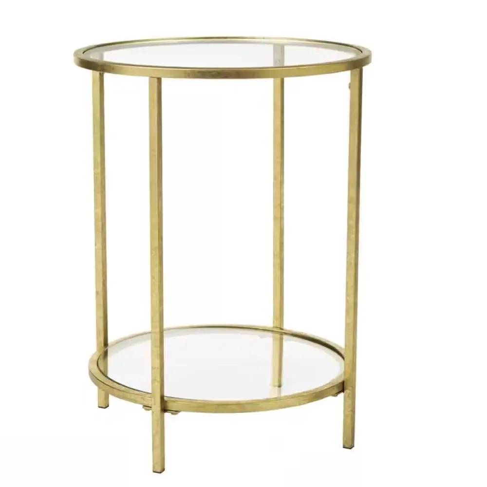 Round Accent Side Table Gold Metal Glass Top Bottom Shelf End Table by HomePacific