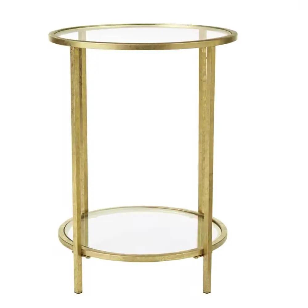 Round Accent Side Table Gold Metal Glass Top Bottom Shelf End Table by HomePacific
