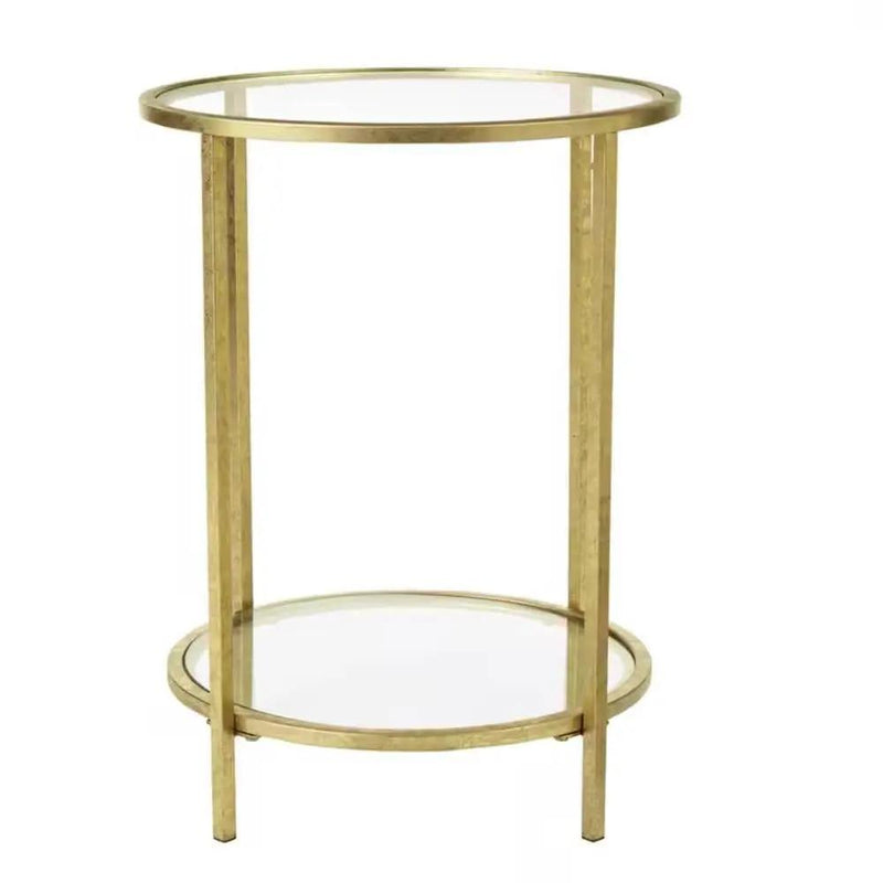Round Accent Side Table Gold Metal Glass Top Bottom Shelf End Table by HomePacific