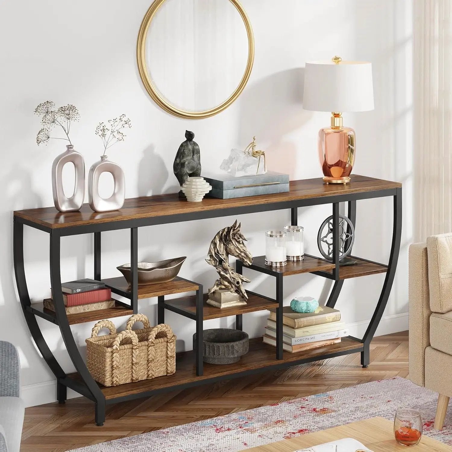 Industrial Modern 70-inch Long Narrow Console Sofa Table with Brown Wood Shelves by HomePacific