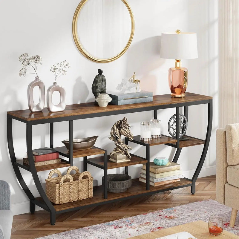 Industrial Modern 70-inch Long Narrow Console Sofa Table with Brown Wood Shelves by HomePacific