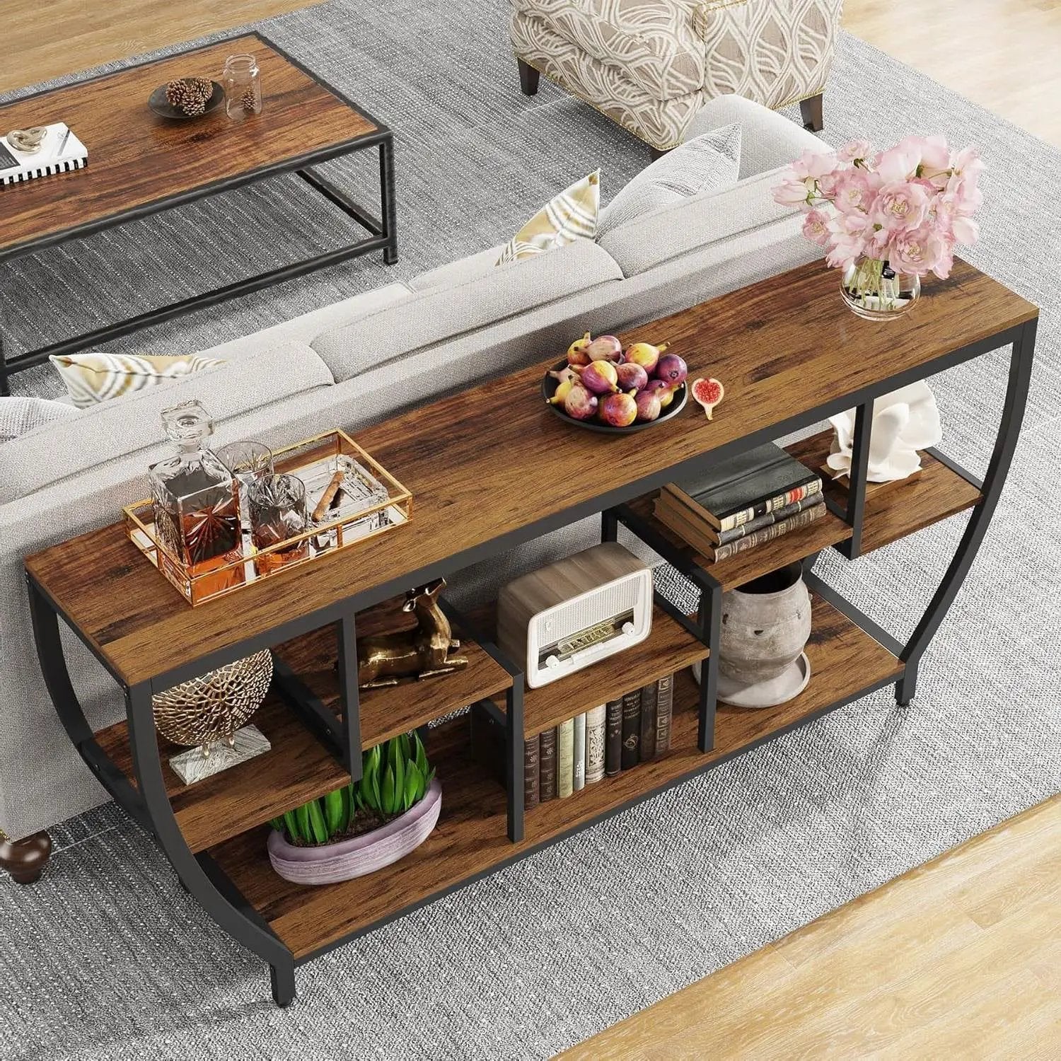 Industrial Modern 70-inch Long Narrow Console Sofa Table with Brown Wood Shelves by HomePacific