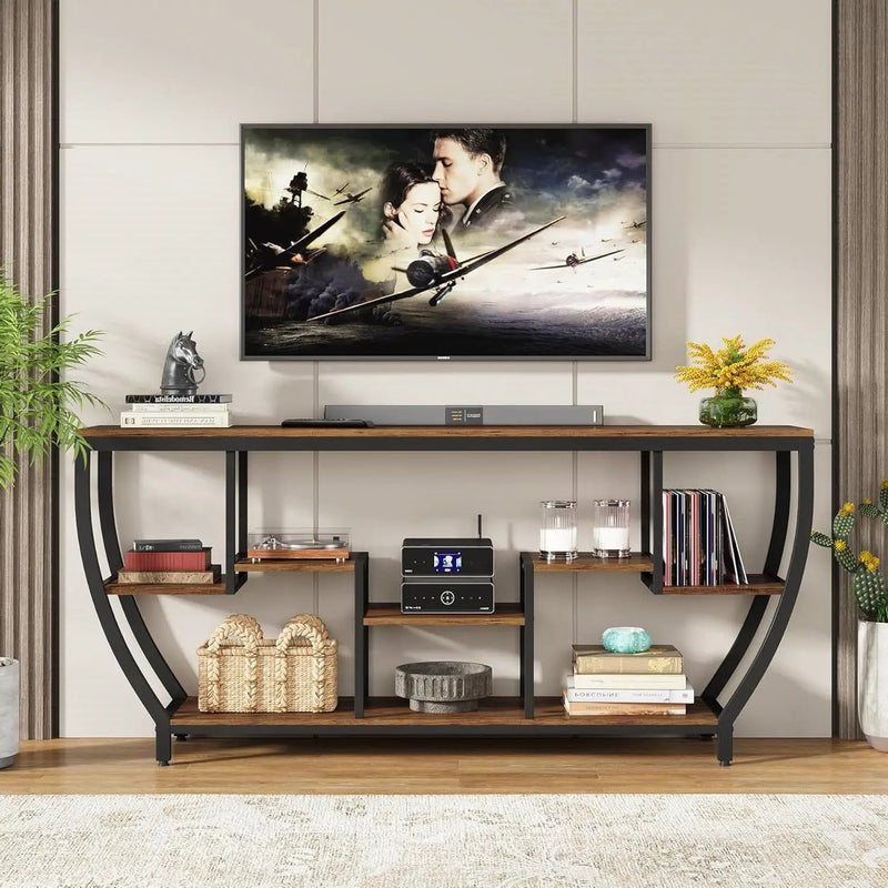 Industrial Modern 70-inch Long Narrow Console Sofa Table with Brown Wood Shelves by HomePacific