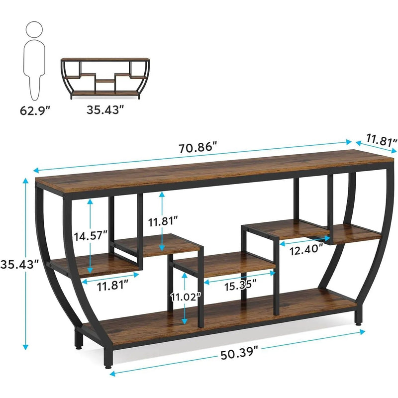 Industrial Modern 70-inch Long Narrow Console Sofa Table with Brown Wood Shelves by HomePacific