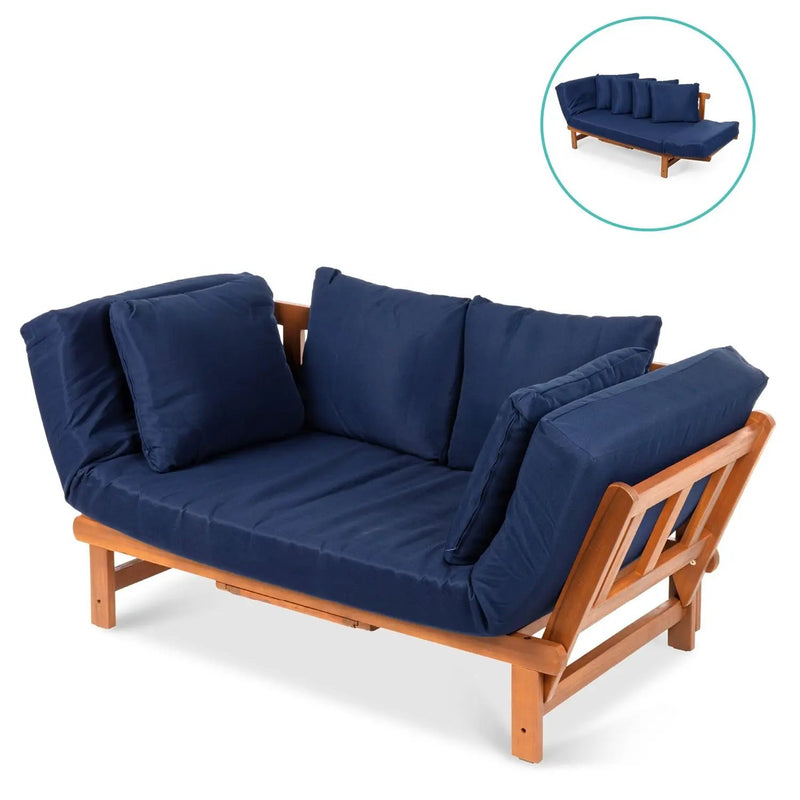 Navy Blue Outdoor Acacia Wood Convertible Sofa Futon with 4 Removable Pillows by HomePacific
