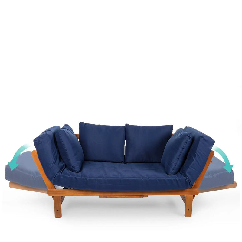 Navy Blue Outdoor Acacia Wood Convertible Sofa Futon with 4 Removable Pillows by HomePacific