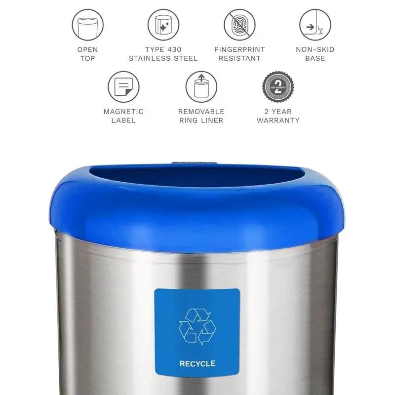 13-Gallon Stainless Steel Recycle Bin with Blue Open Top by HomePacific