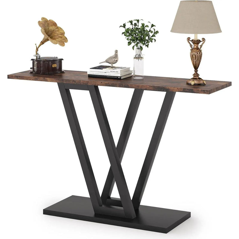 Modern 43-inch Narrow Entryway Table with Brown Wood Top and Black Metal Frame by HomePacific