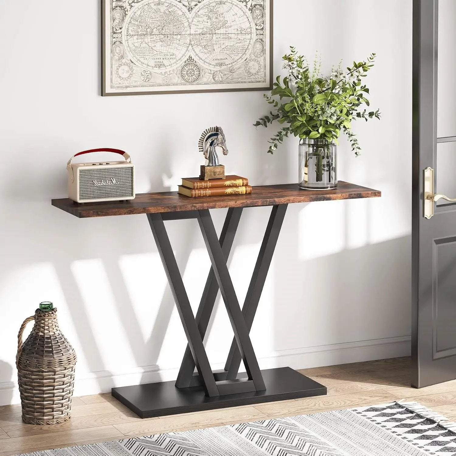 Modern 43-inch Narrow Entryway Table with Brown Wood Top and Black Metal Frame by HomePacific