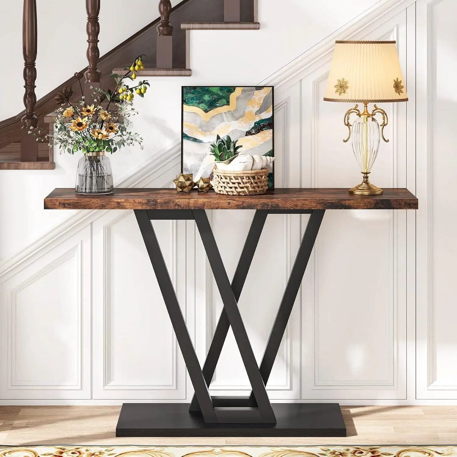 Modern 43-inch Narrow Entryway Table with Brown Wood Top and Black Metal Frame by HomePacific