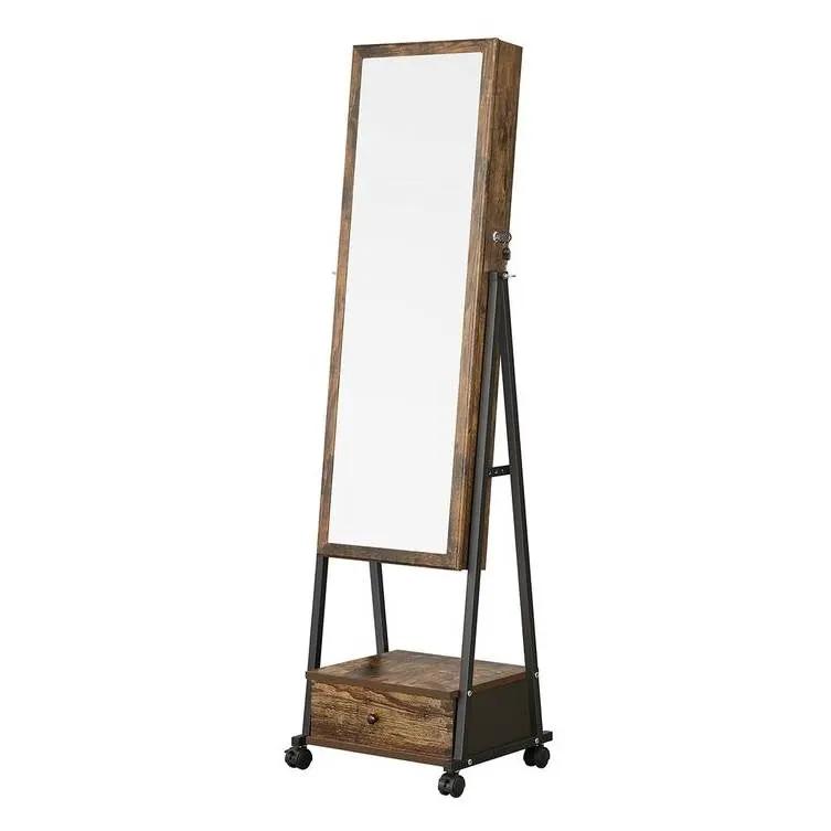 Modern Industrial Metal Wood Jewelry Armoire Cabinet Organizer Mirror on Wheels by HomePacific