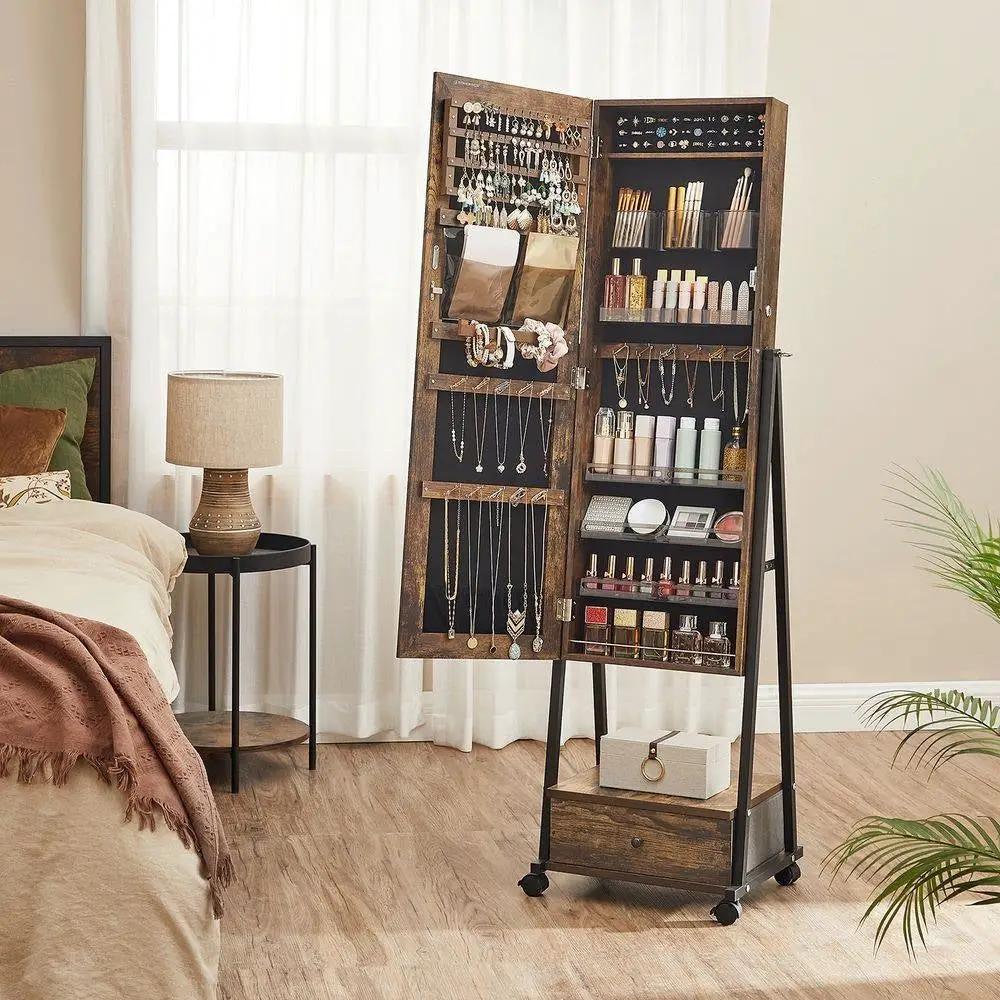Modern Industrial Metal Wood Jewelry Armoire Cabinet Organizer Mirror on Wheels by HomePacific