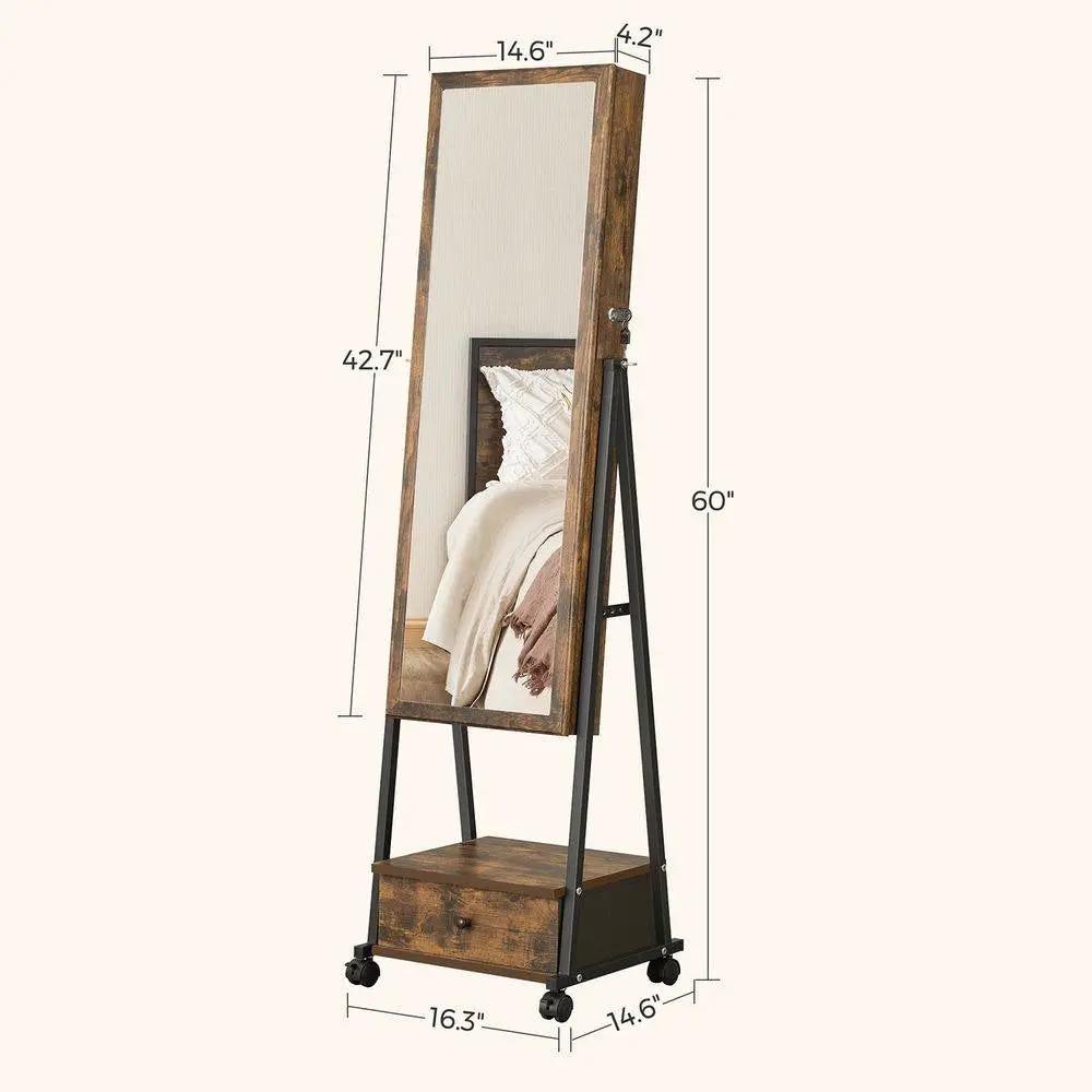 Modern Industrial Metal Wood Jewelry Armoire Cabinet Organizer Mirror on Wheels by HomePacific