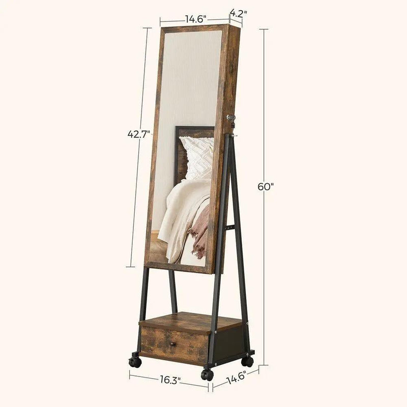 Modern Industrial Metal Wood Jewelry Armoire Cabinet Organizer Mirror on Wheels by HomePacific
