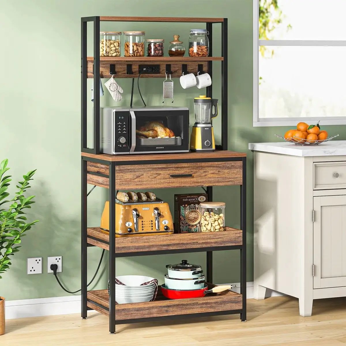 Modern Baker's Rack Shelving Unit with Pull-Out Shelves and Storage Drawer by HomePacific