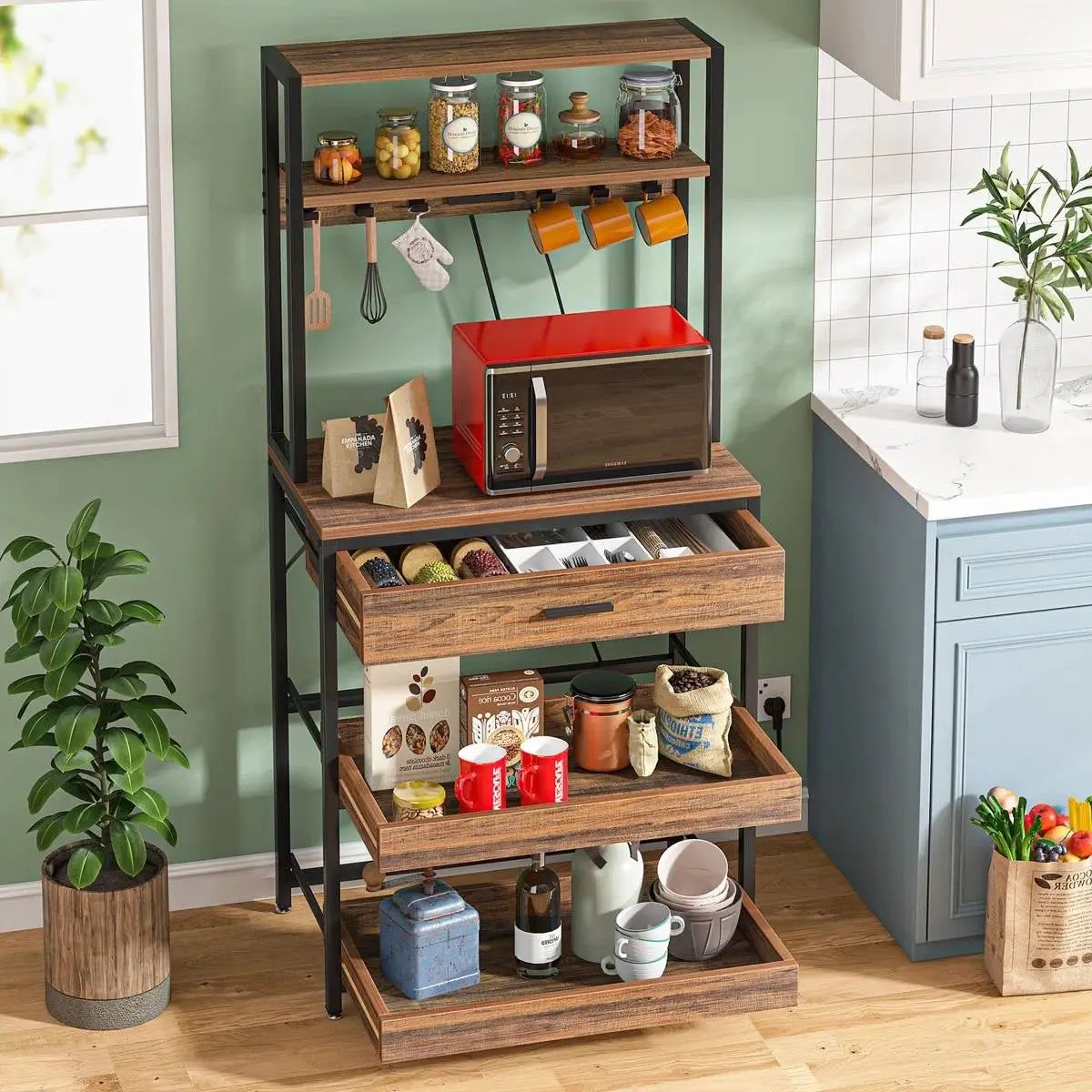 Modern Baker's Rack Shelving Unit with Pull-Out Shelves and Storage Drawer by HomePacific