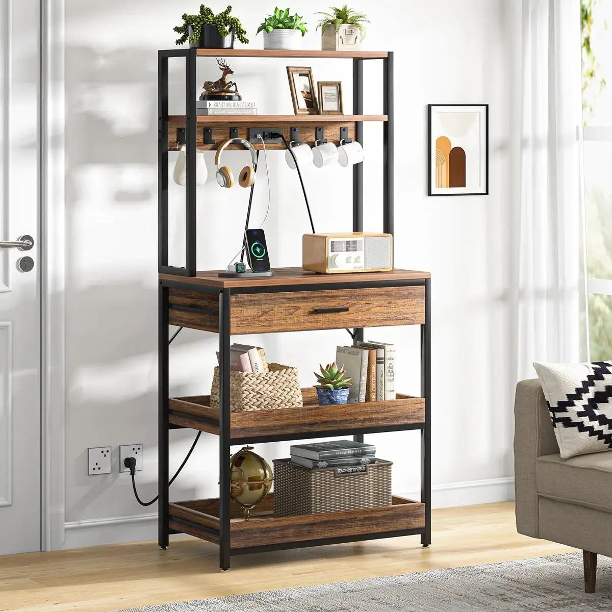 Modern Baker's Rack Shelving Unit with Pull-Out Shelves and Storage Drawer by HomePacific