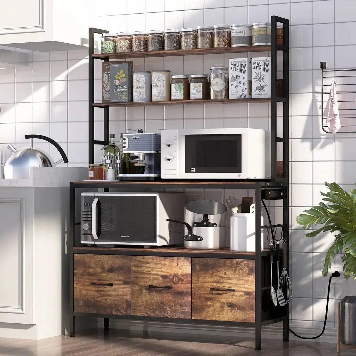 Black Metal Kitchen Baker's Rack with Brown Wood Shelves and Storage Cabinets by HomePacific