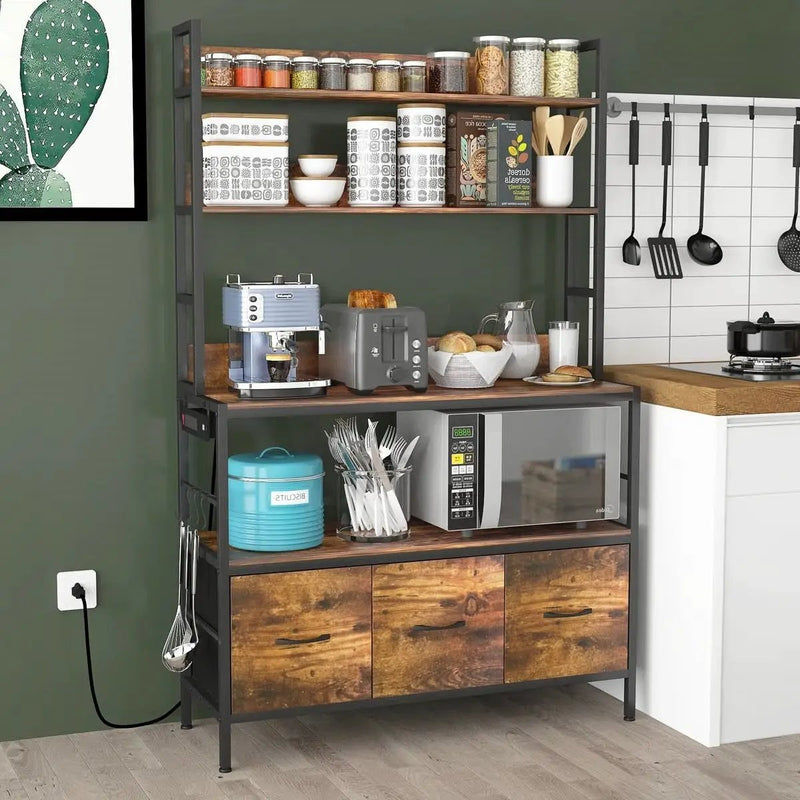 Black Metal Kitchen Baker's Rack with Brown Wood Shelves and Storage Cabinets by HomePacific