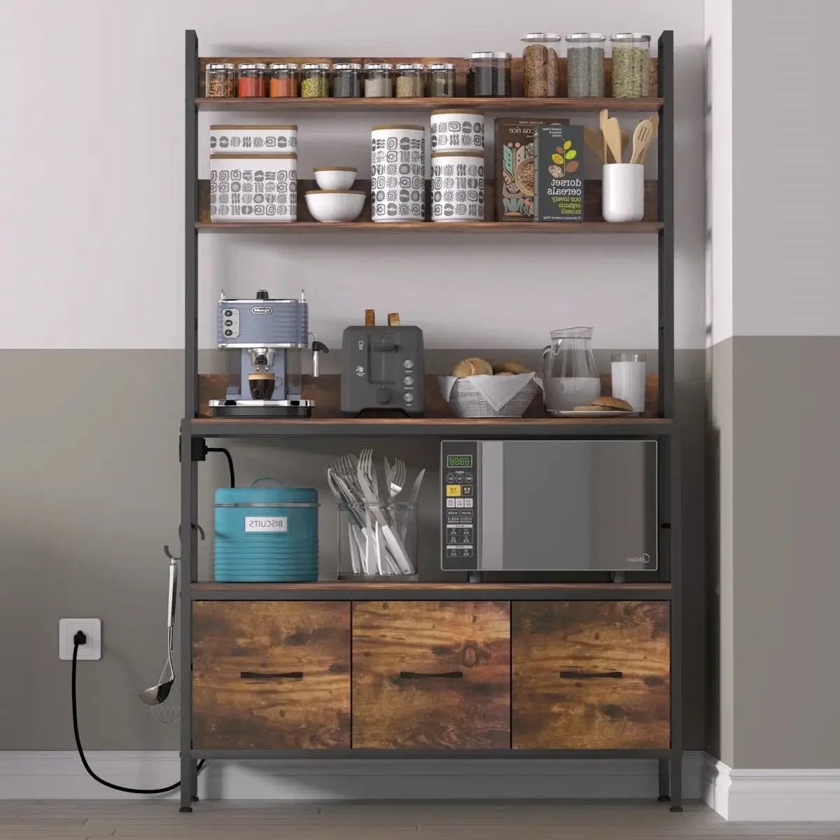 Black Metal Kitchen Baker's Rack with Brown Wood Shelves and Storage Cabinets by HomePacific