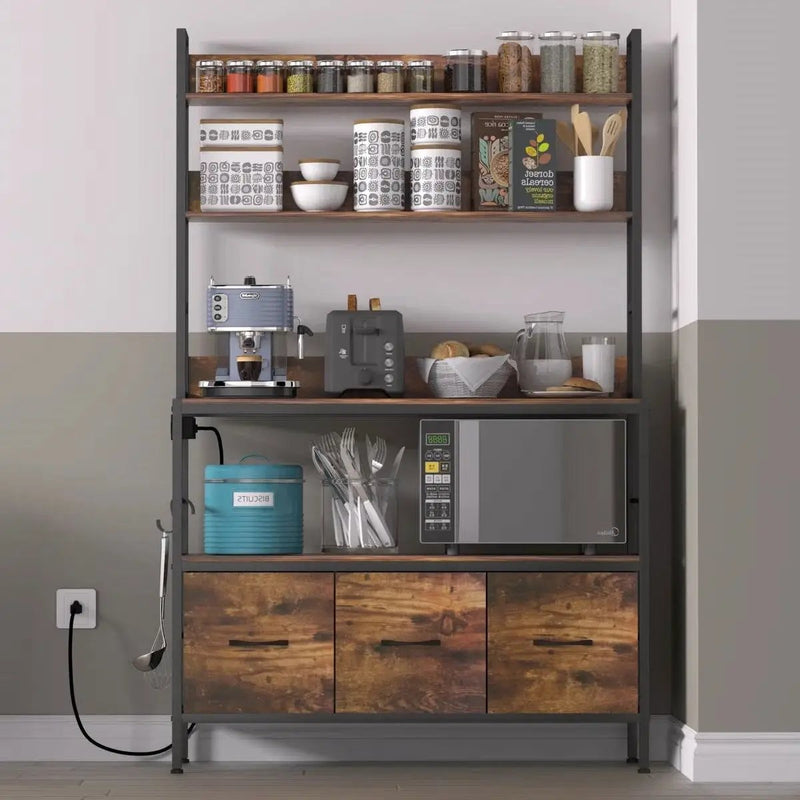 Black Metal Kitchen Baker's Rack with Brown Wood Shelves and Storage Cabinets by HomePacific
