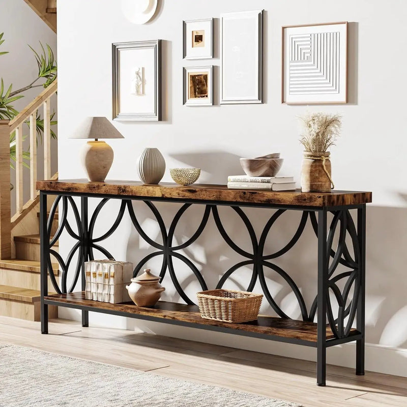 Modern 70-inch Long Narrow Console Sofa Table with Brown Wood Top and Shelf by HomePacific