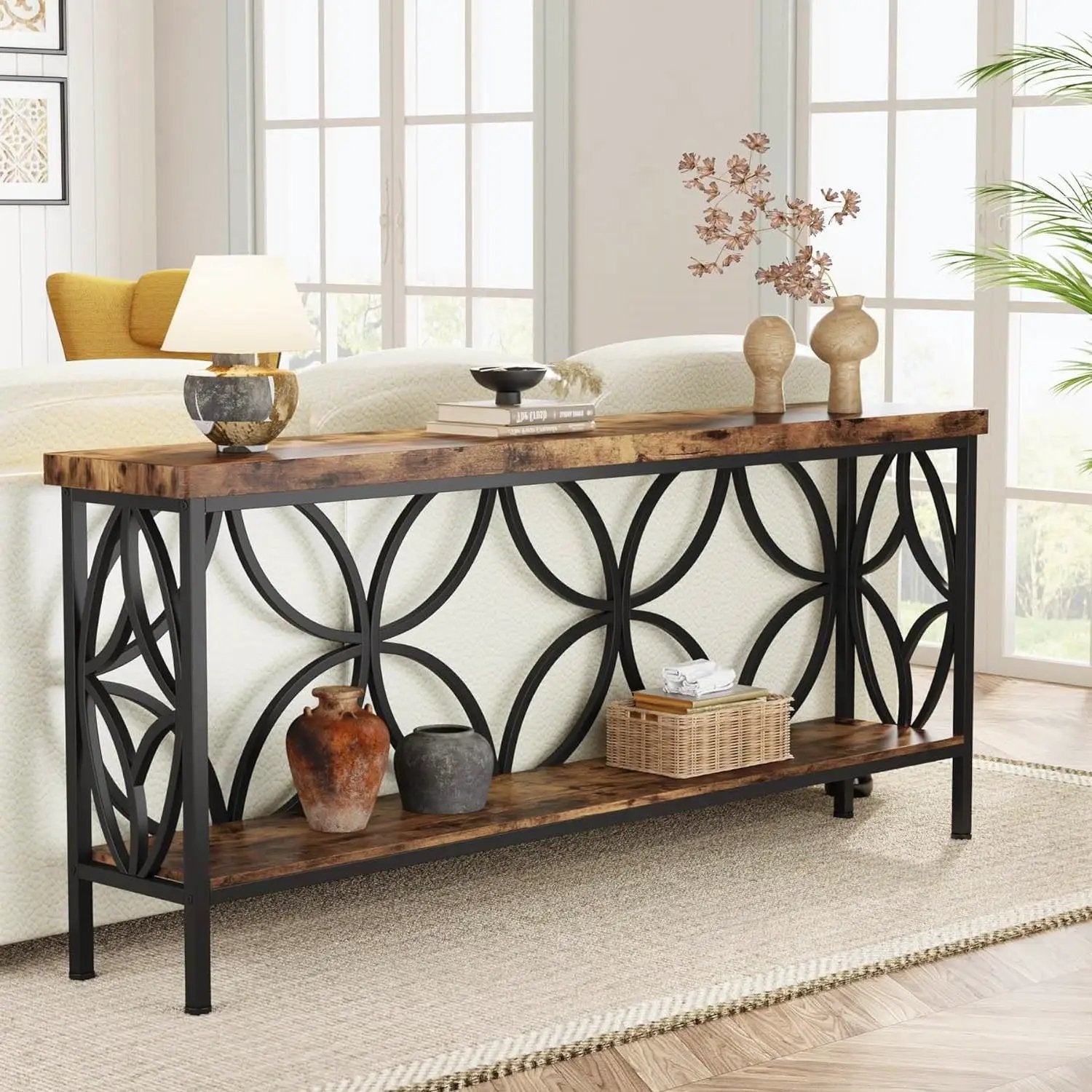 Modern 70-inch Long Narrow Console Sofa Table with Brown Wood Top and Shelf by HomePacific