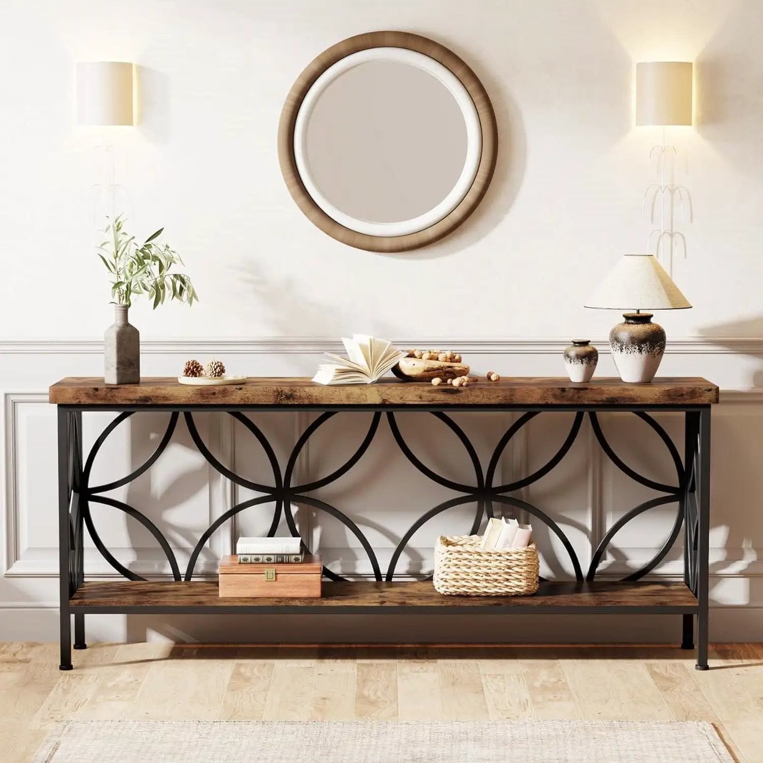 Modern 70-inch Long Narrow Console Sofa Table with Brown Wood Top and Shelf by HomePacific