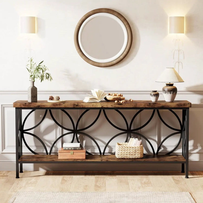 Modern 70-inch Long Narrow Console Sofa Table with Brown Wood Top and Shelf by HomePacific