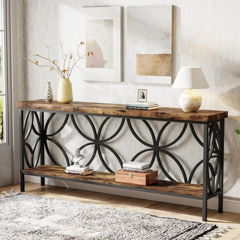 Modern 70-inch Long Narrow Console Sofa Table with Brown Wood Top and Shelf by HomePacific