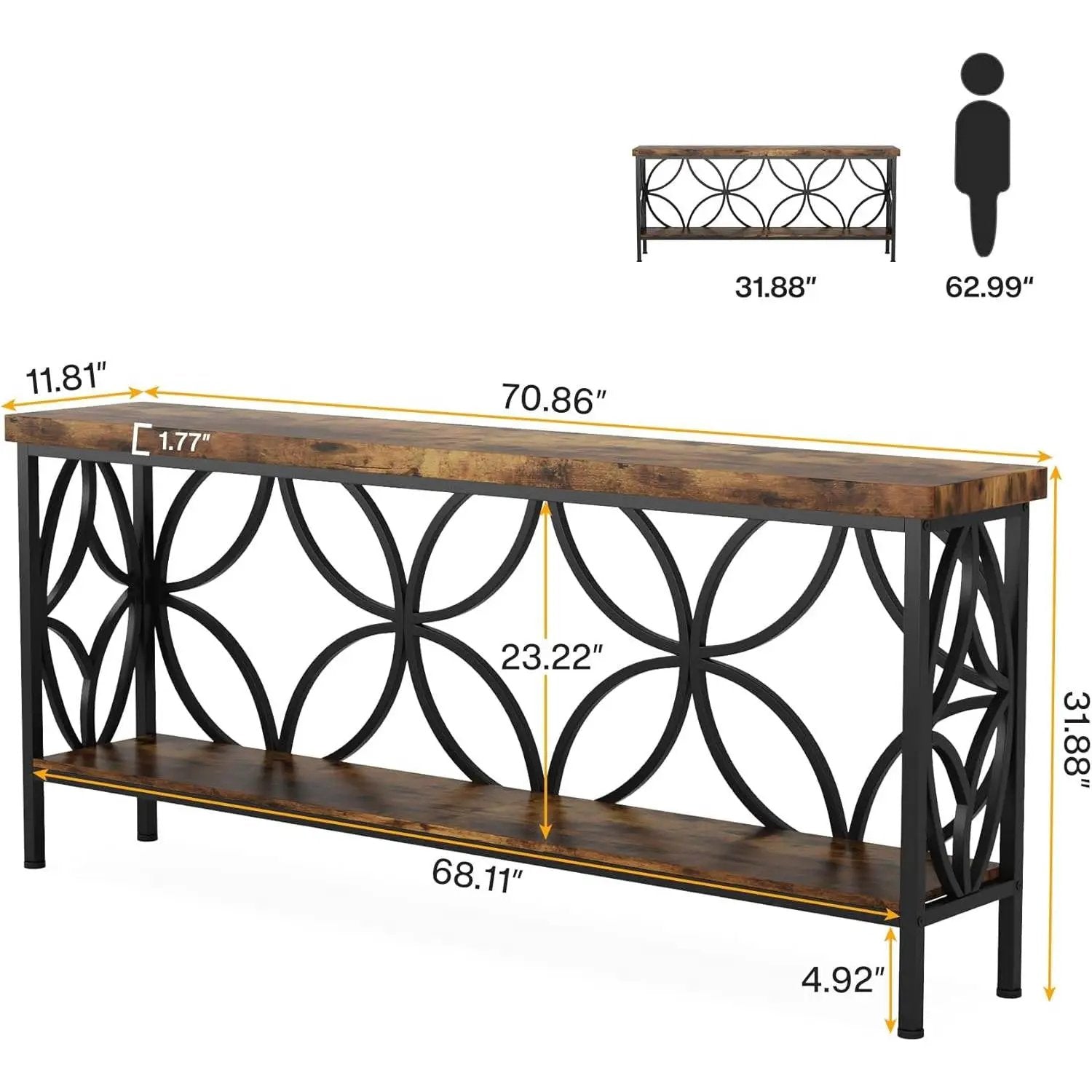 Modern 70-inch Long Narrow Console Sofa Table with Brown Wood Top and Shelf by HomePacific