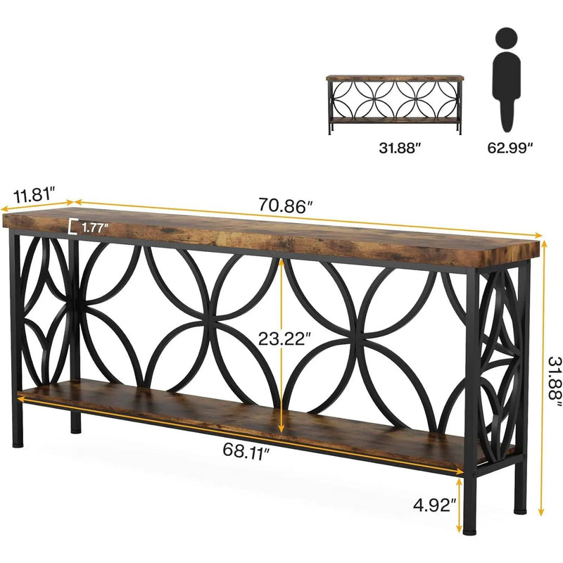 Modern 70-inch Long Narrow Console Sofa Table with Brown Wood Top and Shelf by HomePacific