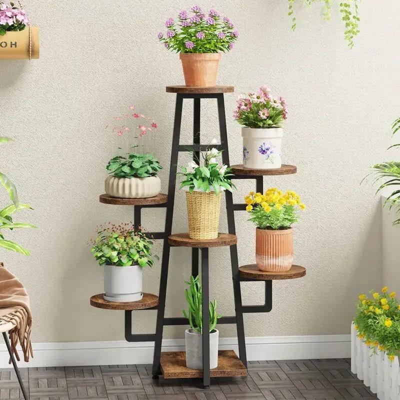 Modern Indoor Multi-Tier Plant Stand with Black Metal Frame and Wood Shelves by HomePacific