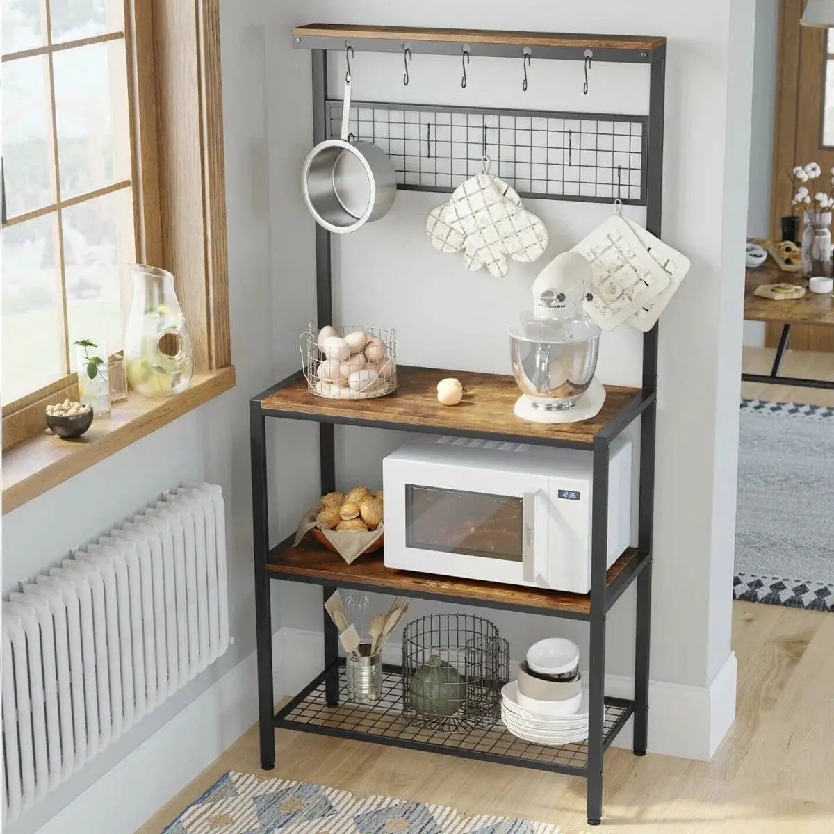 Black Metal Kitchen Baker's Rack Microwave Stand with Wood Storage Shelves by HomePacific